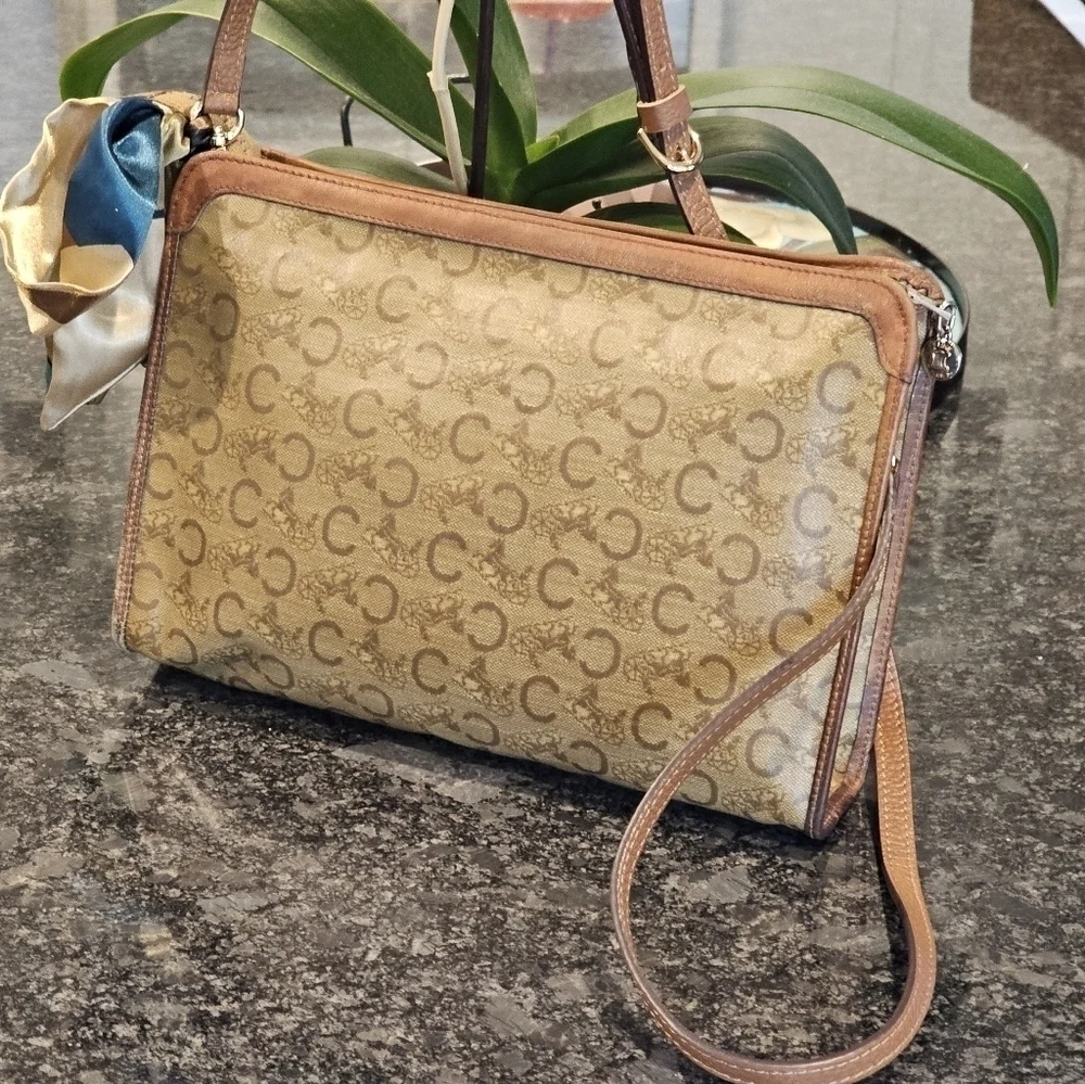 Céline "C" Monogram Horse & Carraige Coated Canvas Clutch w/Strap & Twilly Added - Picture 14 of 16